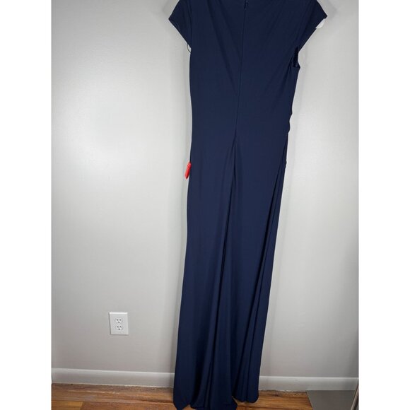 NWT Ieena by Mac Duggal 26504 V-Neck Ruched Navy Jersey Gown Maxi Dress Size 2 - Picture 4 of 5